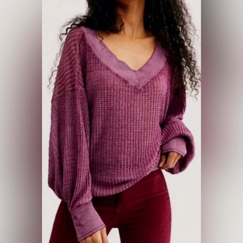 NWOT Free People We the Free South Side Thermal V-Neck Waffle Knit Top
